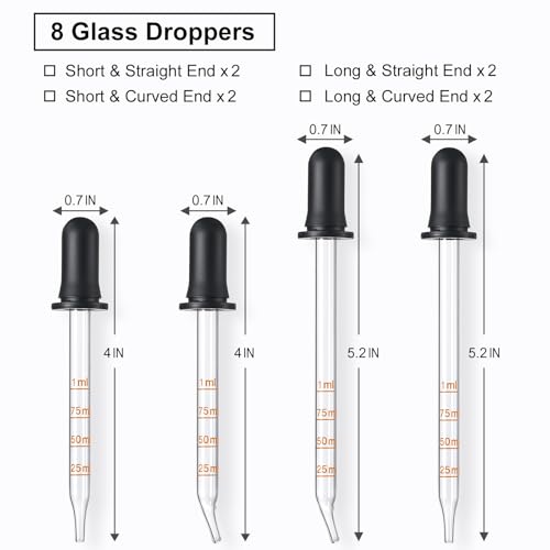 8 Pack, 1 mL Glass Eye Dropper with Measurement - Long & Short, Bent & Straight Tip Calibrated Glass Medicine Droppers, Accurate Dose Pipette Dropper for Essential Oils, Feeding, Ear, Lab, Health Care - style: 8PCS-Long & Short