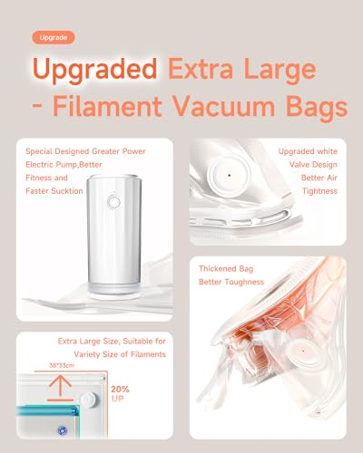 Filament Storage Bags with Auto Pump - Upgraded 20 Extra Large Filament Bags (14.9 * 13 inch) Plus 20 Desiccants and 5 Clips - Extra Large Filament Vacuum Bags Designed for 1KG Reusable Spool