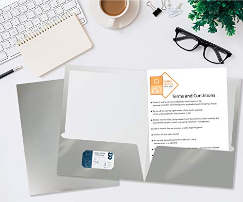 Better Office Products 2 Pocket Glossy Laminated Metallic Silver Paper Folders, Letter Size, 25 Pack, Paper Portfolios, Box of 25 - color: Metallic Silver
