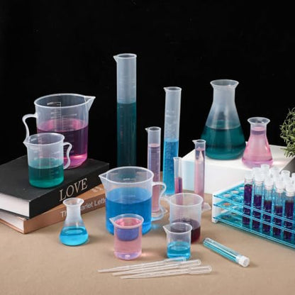 65 Pcs Plastic Graduated Cylinder and Beakers, Plastic Test Tubes Set with Rack, Including 5 Graduated Cylinders, Beakers, 3 Erlenmeyer Flasks, 10 Pipettes, 40 Tubes, Ideal for Science Lab DIY