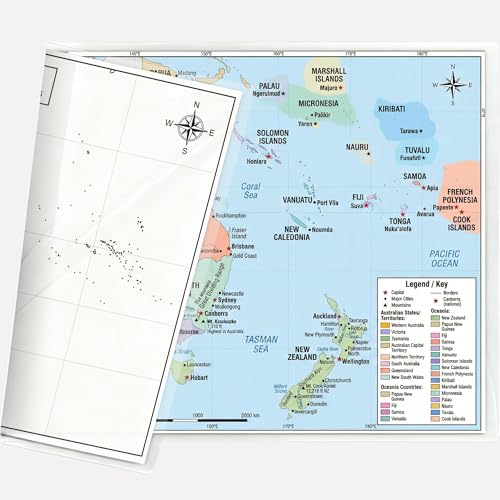 Australia & Oceania Map 11x17 Laminated Dry Erase Geography Chart | Double-Sided with Color Front & Blank Outline Back | Reusable Classroom Tool - color: Australia & Oceania