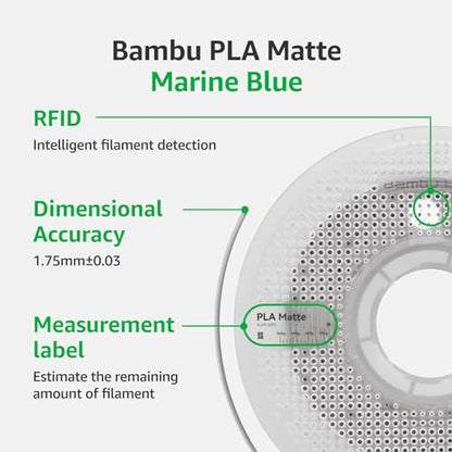Bambu Lab PLA Matte 3D Printer Filament 1.75mm RFID 1kg with Spool, Marine Blue - color: Marine Blue, size: With Spool