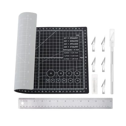 A4 Self Healing Cutting Mat & Carving Craft Knife with 5 Extra Blades and Stainless Steel Cork Ruler 12 inch / 30cm Dual Scale for DIY Art Work Cutting, Hobby, Stencil, Scrapbooking Stencil