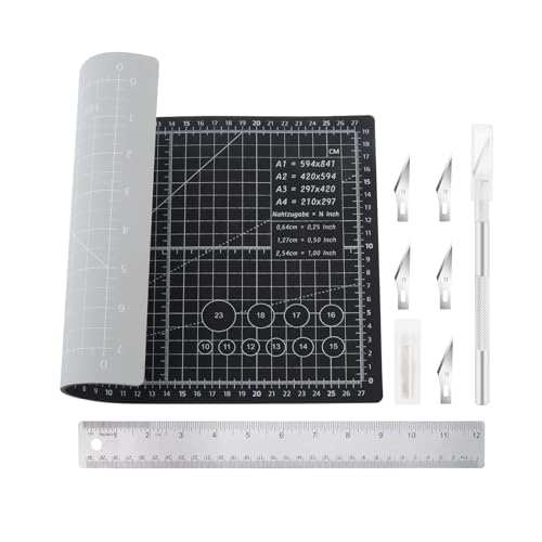A4 Self Healing Cutting Mat & Carving Craft Knife with 5 Extra Blades and Stainless Steel Cork Ruler 12 inch / 30cm Dual Scale for DIY Art Work Cutting, Hobby, Stencil, Scrapbooking Stencil