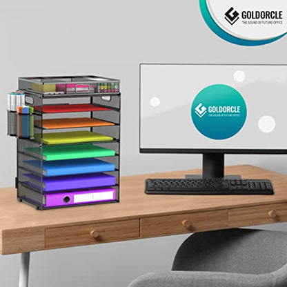 8 Tier Paper Letter Tray Organizer (Black-with Drawer,Pen Holders) - color: Black-with Drawer,pen Holders