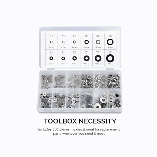 NEIKO 50400A Stainless Steel Lock and Flat Washer Assortment | 350 Piece Set | 12 Different Sizes in Spring Lock and Flat Design | Prevent Loose Fasteners - style: Washer