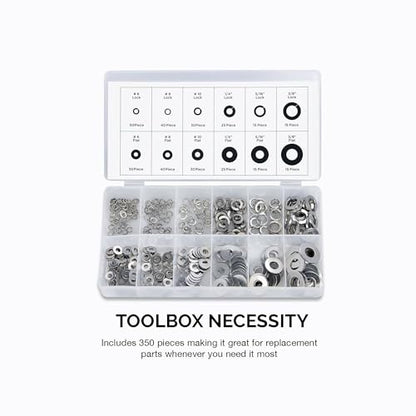 NEIKO 50400A Stainless Steel Lock and Flat Washer Assortment | 350 Piece Set | 12 Different Sizes in Spring Lock and Flat Design | Prevent Loose Fasteners - style: Washer