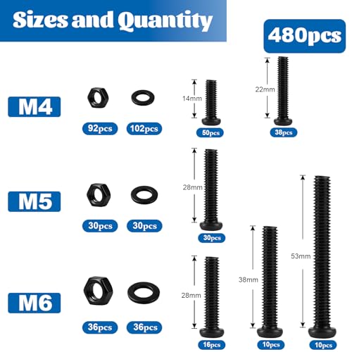 480pcs M4 M5 M6 Pan Head Machine Screw Assortment Kit 14/22/28/38/53mm - size: M4M5M6 480PCS