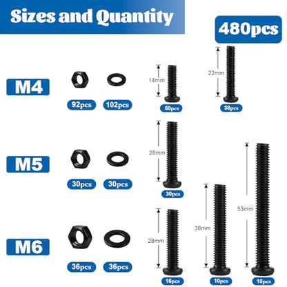 480pcs M4 M5 M6 Pan Head Machine Screw Assortment Kit 14/22/28/38/53mm - size: M4M5M6 480PCS