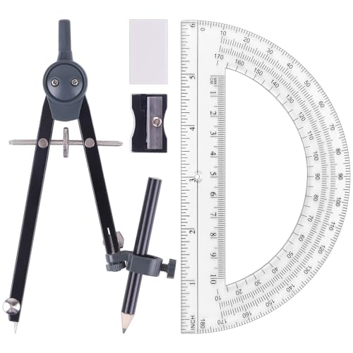 Unjoo Professional Metal Compass for Geometry Set, Math Protractors (Black) - color: Black