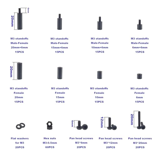 M3 Black Nylon Hex Male-Female Standoffs Screws Nuts Kit - size: 260PCS/M3(Black)