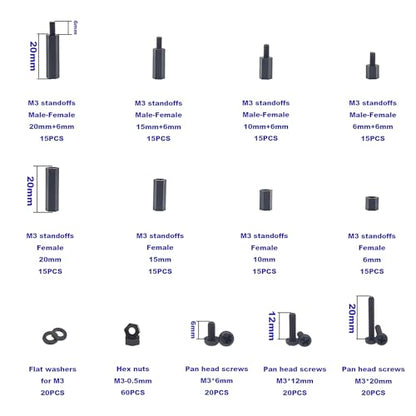 M3 Black Nylon Hex Male-Female Standoffs Screws Nuts Kit - size: 260PCS/M3(Black)