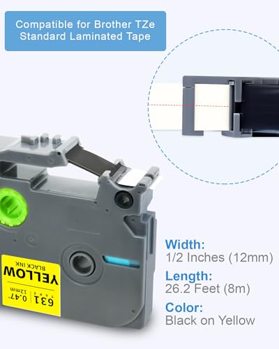 Tz-631 12mm 0.47" Black on Yellow Label Tape Compatible for Brother TZe-631 - color: Black on Yellow