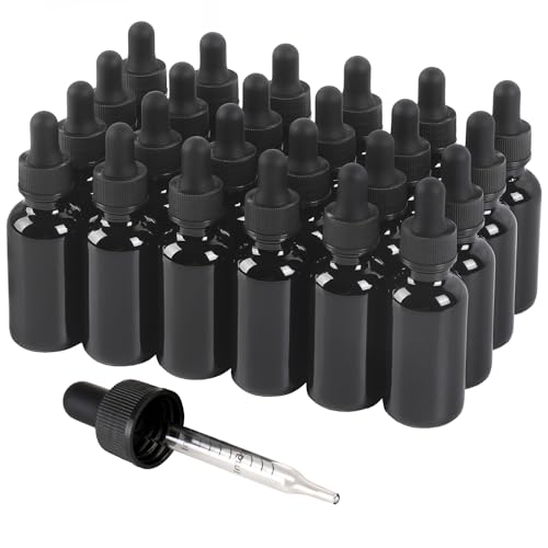 NOOEEISS 24 Pack,1oz Glass Dropper Bottle,Black Tincture Bottles with Dropper,Pretty Finish for All Kinds of Liquids,Oil Bottles for Hair- Stronger Suction ideal for Leakproof Travel - color: Black, size: 1oz-24Pack