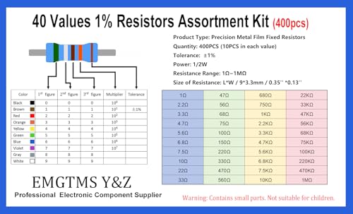 40 Values 400 Pcs 1/2W Resistor Kit, 1Ω-1MΩ ±1% Metal Film Resistors