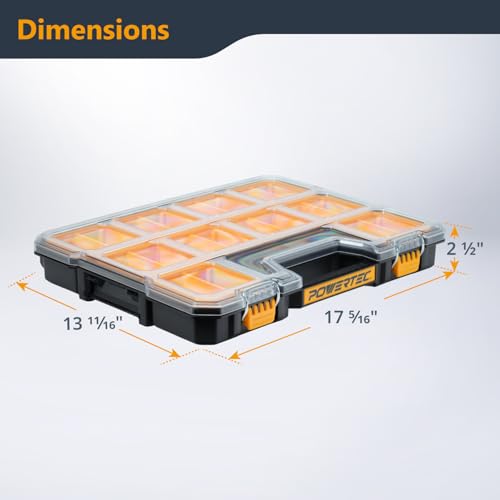 POWERTEC Small Parts Organizer & Tool Box – 20 Compartments, IP65 Water & Dust Protection, Stackable Storage with Interlocking Latch, Removable Bin, Divider, Clear Lid, Portable Design, 2PK (72366-P2) - color: Stackable Tool Box Shallow, size: 2 Packs - 2