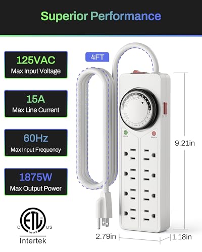 BN-LINK 8 Outlet Surge Protector with Mechanical Timer, 4FT Cord, 1875W/10A