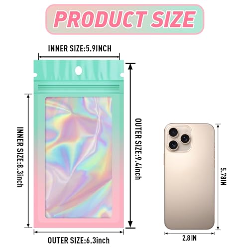 Funfery 100 Pack Gradient Holographic Bags,Mylar Resealable Bag with Zipper,Clear Window Packaging Pouch,Smell Proof Bags for Food Storage,Sample Jewelry Baggies(6.3x9.4In,Green Pink) - color: Green Pink, size: 6.3x9.4 Inch