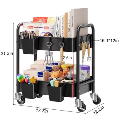 2 Tier Small Rolling Cart Metal with Wheels, Black Under Desk Storage Carts - color: Matte Black, size: 2 Tier + Cups + Hooks