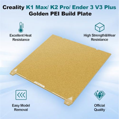 Creality Official K1 Max Build Plate PEI Sheet Golden, 315x310mm Textured Flexible Spring Surface Excellent Heat Resistance Heated for Ender 3 S1 Plus/K1 Max/Ender 3 V3 Plus(Without Magnetic Base) - color: PEI Frosted Gold-A, size: K1 Max/Ender 3 V3 Plus/