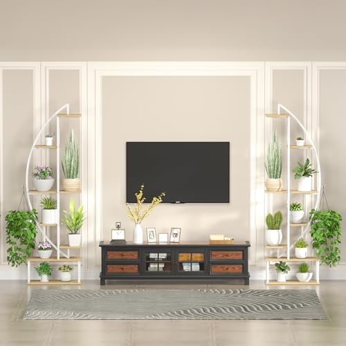 Plant Stand Indoor with 6 Grow Light, 65" Tall 7 Tier White Half Moon Shelf - color: Light Brown Board White Metal 7 Tier 2 Pack