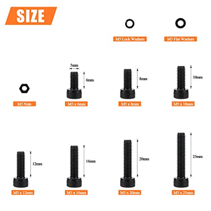 HELIFOUNER 240 Pieces M5 x 6mm /8mm /10mm /12mm /16mm /20mm /25mm, Hex Socket Head Cap Screws Bolts Washers Nuts Kit, 12.9 Grade Alloy Steel, Full Threaded, Black - size: M5, style: Socket Head
