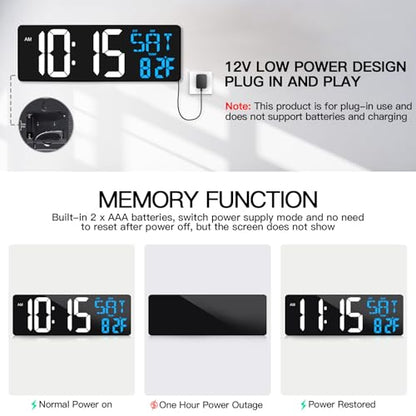 17" Large Digital Wall Clock with Remote, Auto Dimmer, Date Temp, Timer - color: Ice Blue+ White