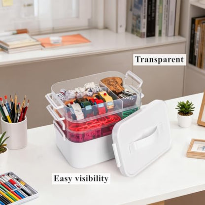 Tebery 4 Tier Plastic Craft Storage Organizer, Clear Stackable Arts Supply Box with Removable Tray, Portable Bead Jewelry Sewing Tool Container Case with Handle, Ideal for Home Studio Travel