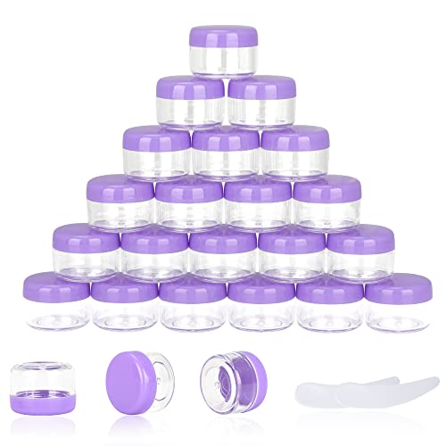 25PCS 5 Gram Sample Containers, 5ml Empty Jars with Lids, Small Cosmetic Containers, Mini Sample Jars with 2PCS Mini Spatulas for Make Up, Oils, Lotion, Powder, Paint, Jewelry, Lip Balms(Purple Lid) - color: Purple, size: 25 Count