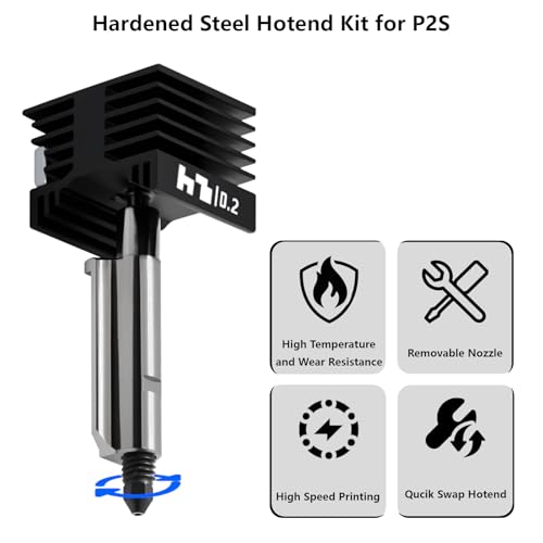 Upgrade 0.2mm P2S, X2D Hotend Kit, 3D Printer Print Head Hot End Heating Block Kit with 0.2mm Removable Hardened Steel Nozzle for Bambu Lab H2D, H2C, H2S, A1/A1 Mini - size: 0.2mm
