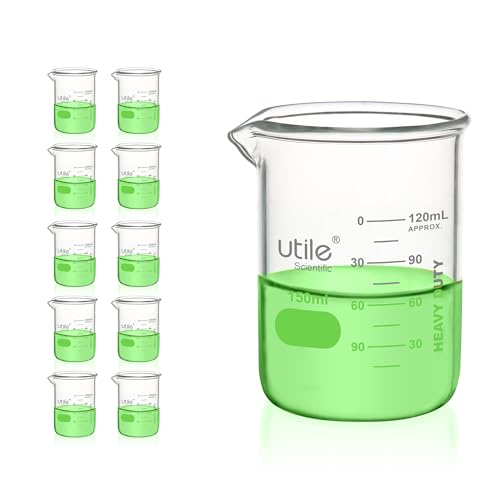 Utile 150ml Glass Beaker Set,10pcs of 5.1oz Upgraded Thickening Chemical Beakers, Low Form Borosilicate 3.3 Glass with Printed Graduation, 4000.0150.10 - style: 10pcs of Vol.150ml