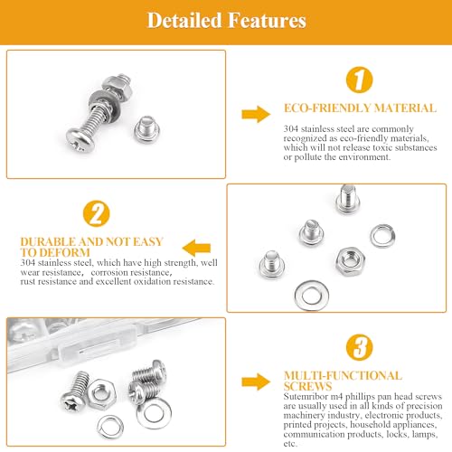 376 Pieces M4 Machine Screws Nuts Washers Set, Sutemribor M4 x 6/8/12/16/20/25/30mm Phillips Pan Head Machine Screws Nuts Washers Assortment Kit, 304 Stainless Steel, Fully Threaded - size: M4, style: Phillips Pan Head
