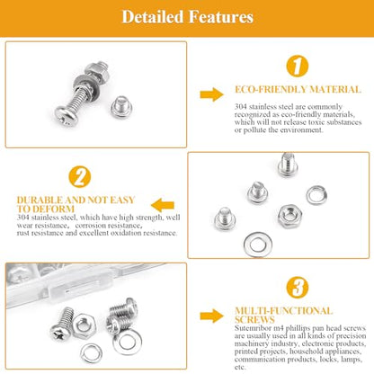 376 Pieces M4 Machine Screws Nuts Washers Set, Sutemribor M4 x 6/8/12/16/20/25/30mm Phillips Pan Head Machine Screws Nuts Washers Assortment Kit, 304 Stainless Steel, Fully Threaded - size: M4, style: Phillips Pan Head