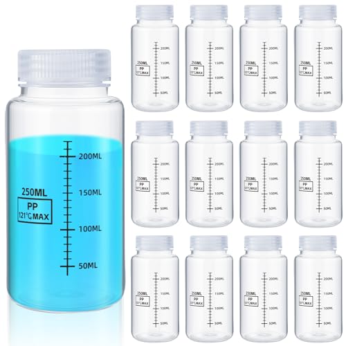 Tatuo 12 Pcs 8oz 250 ml Plastic Sample Bottles with Screw Cap, Liquid Containers with Lid for Lab Reagent Sample Medicine Pill Water Storage, Travel Bottles(Clear,Wide Mouth-Dark Scale) - color: Clear, size: 8 oz 250 ml, style: Wide Mouth-dark Scale