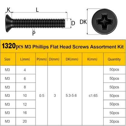 1320pcs M3 Flat Head Screws Assortment Kit, M3x4/6/8/10/12/16/20 mm - size: M3 1320pcs