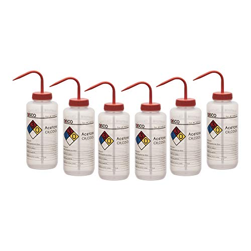 EISCO 6PK Wash Bottle for Acetone, 1000ml - Labeled with Color Coded Chemical & Safety Information (4 Colors) - Wide Mouth, Self Venting, Low Density Polyethylene Labs - size: 1000ml