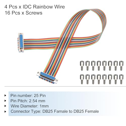 MECCANIXITY 4 Pcs IDC Rainbow Wire Flat Ribbon Cable DB25 Female to DB25 Female 19.7 Inch Length 2.54mm Pitch Breadboard Jumper Wires for Electronic Projects - size: 19.7 Inch, style: DB25 Female to DB25 Female