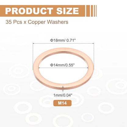 PATIKIL 35PCS M14 Copper Washers, M14x18x1mm Copper Crush Washer Metric Flat Washers Sealing Washers Assortment Kit Oil Drain Plug Gasket Ring for Automotive Battery Vehicles Screws Bolt - size: M14x18x1mm