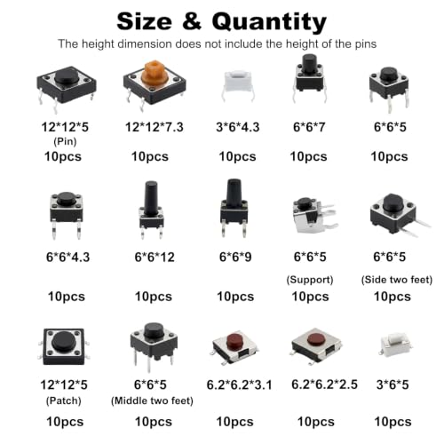 150Pcs 15 Values 2/4 Pins Tactile Push Button Switch Assortment Kit