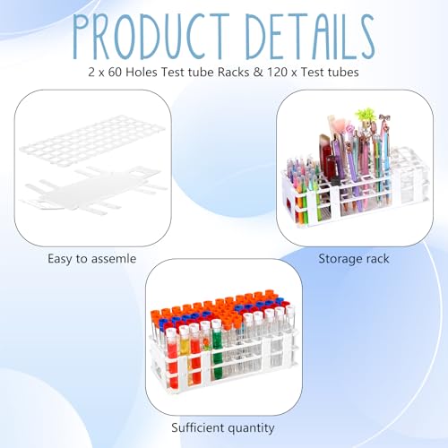 Threehoney 120 Pcs Plastic Test Tubes with Rack Set,Multicolor - color: Multicolor