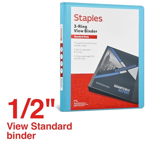 Staples Standard 0.5-Inch D-Ring View Binder, Teal, 100 Sheets - color: Teal, size: 0.5-Inch, style: 1 Pack