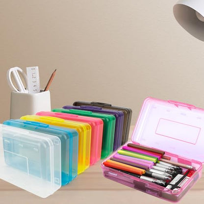 Pencil Box, Clear Pencil Case, Large Capacity Plastic Hard Pencils Case Crayon Box with Snap-Tight Lid Stackable for Kids Adult Student Pens Pencils School Supplies Storage Office Supplies, Pink - color: Pink