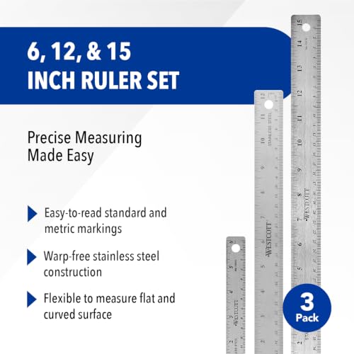 Westcott Stainless Steel Ruler Set with Flexible Design, Non-Slip Cork Base, for Crafting, Office, Classroom, Back to School Supplies, Includes 6-, 12-, & 15-inch Rulers, 3 Pack