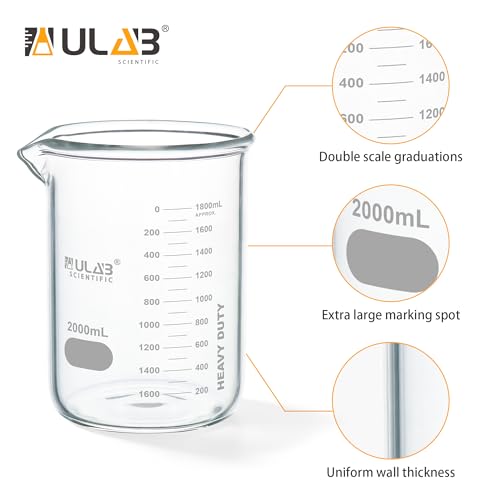 ULAB Griffin Low Form Glass Beaker, Vol.2000ml, 3.3 Borosilicate Glass, Printed Graduation, UBG1020 - style: Vol.2000ml, Pack of 1