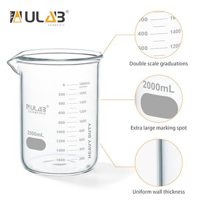 ULAB Griffin Low Form Glass Beaker, Vol.2000ml, 3.3 Borosilicate Glass, Printed Graduation, UBG1020 - style: Vol.2000ml, Pack of 1