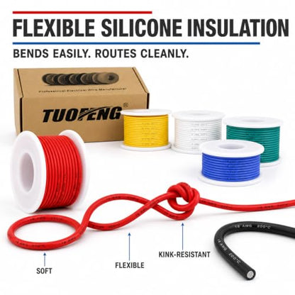 TUOFENG 18 AWG Stranded Wire, 6 Colors, 13.2 ft Each, Tinned Copper - size: 18 AWG Silicone Stranded Wire 6 Colors 13.2ft Each