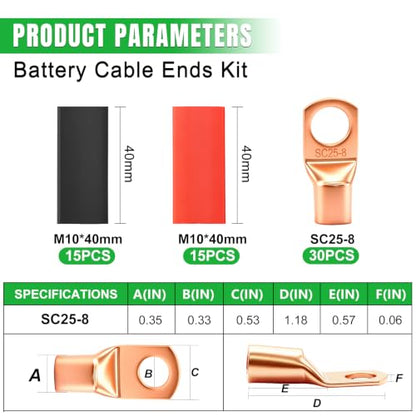 Twidec/30PCS AWG 4 Copper Wire Lugs Battery Cable Ends SC25-8,Ring Terminals Connectors,Copper Ring Terminals,Battery Terminals Connectors Kits with Heat Shrink - color: 30PCS