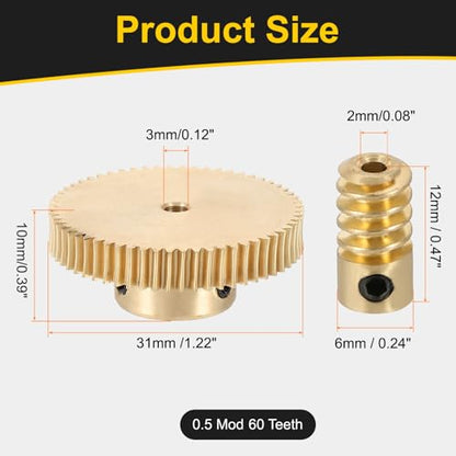 uxcell Worm Gear Set 60T 0.5 Module 60:1 Reduction Rate, Right Rotation Drive Gear Box Wheel Reduce Transmission Part (Brass Gear-3mm Bore, Brass Rod 2mm Bore) - size: Gear-3mm, Rod-2mm Bore, style: 0.5M-60T