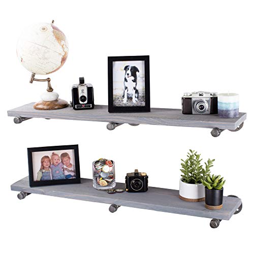 Industrial Pipe Wooden Shelves Restore by Pipe DÉCOR Premium Douglas Fir Wood Shelving 36 Inch Length Set of 2 Boards and 6 Straight Brackets Riverstone Grey Finish - color: Riverstone Grey, size: 36 Inch