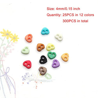 300pcs Tiny Plastic Heart-Shaped Buttons 4mm(5/32") 2 Hole Mini Resin Round Button for Dolls Clothing Sewing Accessories DIY Hand Sewing AIDS Doll Clothes (12 Colors Mixed)